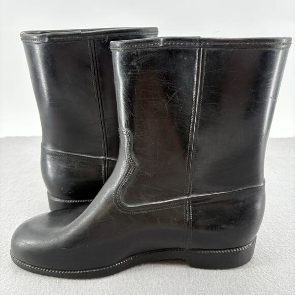 Vintage 70s Rubber Black Boots Stacked Heel Rain Boot Womens Sz 8 Made In USA - Picture 9 of 12